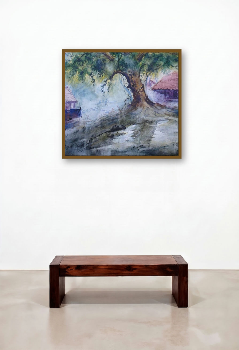 Cityscape Ix (Under the Banyans Shade: A Village Tapestry) by artist Narayan Shelke displayed in a Japandi Foyer