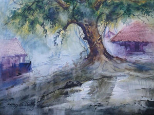 Cityscape Ix (Under the Banyans Shade: A Village Tapestry) by Narayan Shelke, Original Watercolor Cityscape Painting on Paper, Small Horizontal Wall Art