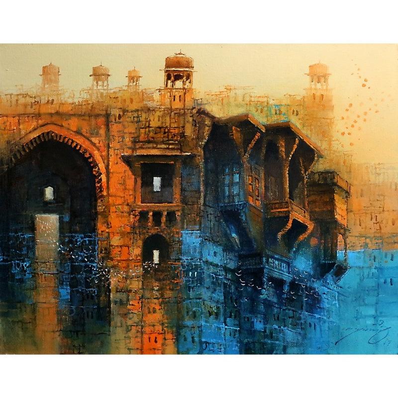 Cityscape oil painting titled 'Cityscape Painting 2', 22x28 inches, by artist A. Q. Arif on Canvas