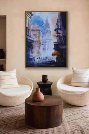 Cityscape V (Urban Dreams: A Cityscape in Haze) by artist Narayan Shelke displayed in a Contemporary Exhibition gallery