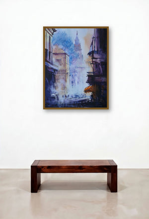 Cityscape V (Urban Dreams: A Cityscape in Haze) by artist Narayan Shelke displayed in a Minimalist Hotel Suite