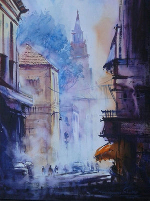 Cityscape V (Urban Dreams: A Cityscape in Haze) by Narayan Shelke, Original Watercolor Cityscape Painting on Paper, Small Vertical Wall Art