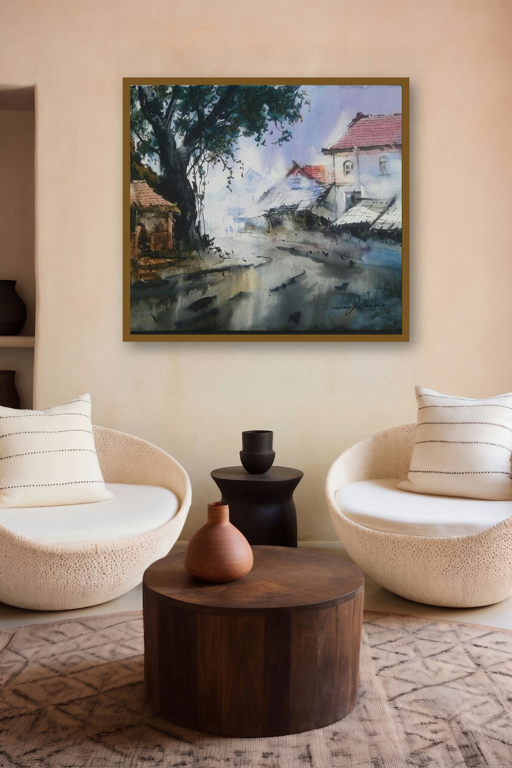 Cityscape Vi (Whispers of the Village: A Path Through Time) by artist Narayan Shelke displayed in a Boutique gallery