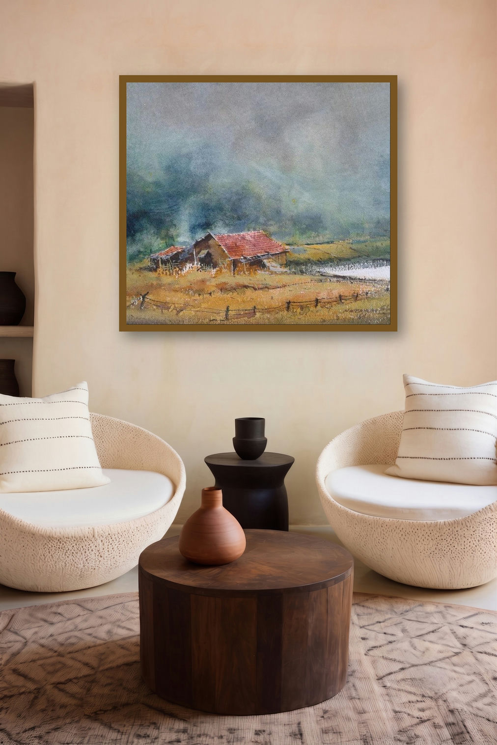 Cityscape Vii (Rustic Charm: A Cottage in the Fields) by artist Narayan Shelke displayed in a Luxury gallery