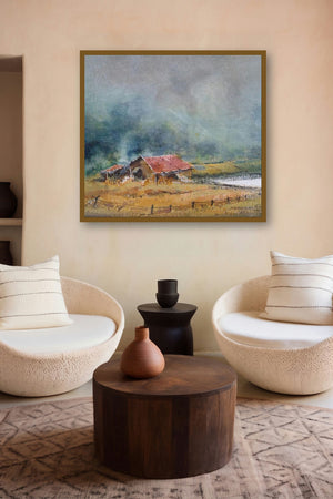Cityscape Vii (Rustic Charm: A Cottage in the Fields) by artist Narayan Shelke displayed in a Luxury gallery