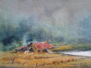 Cityscape Vii (Rustic Charm: A Cottage in the Fields) by Narayan Shelke, Original Watercolor Cityscape Painting on Paper, Small Horizontal Wall Art