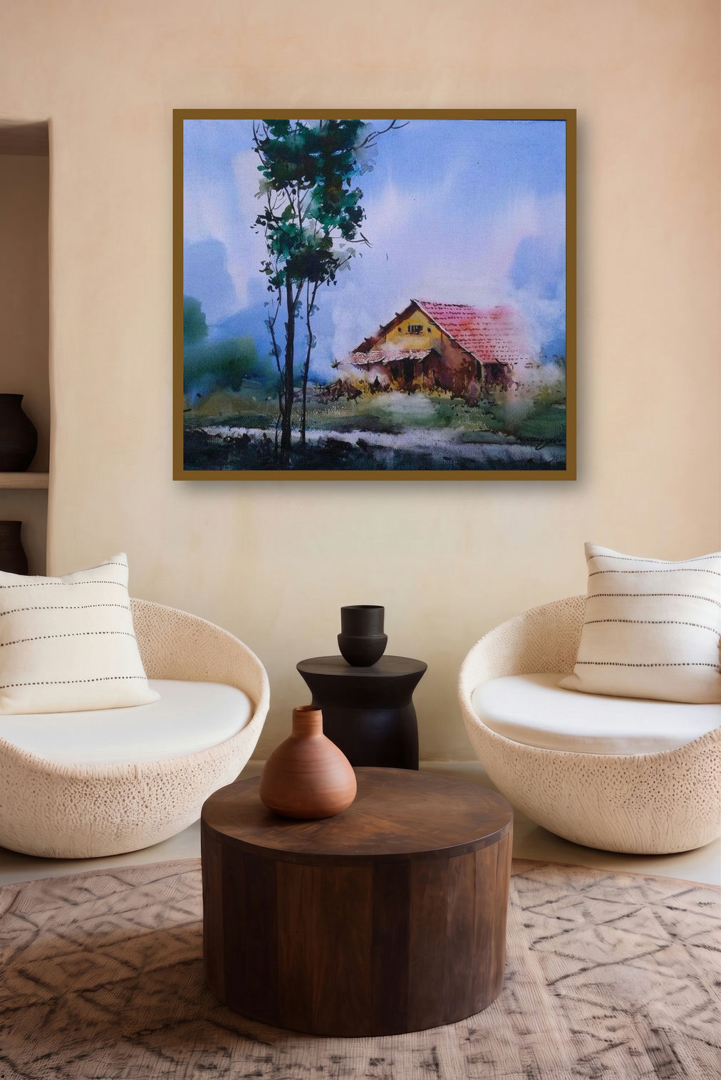 Cityscape Viii (Serene Abode: A House in Natures Embrace) by artist Narayan Shelke displayed in a Modern gallery