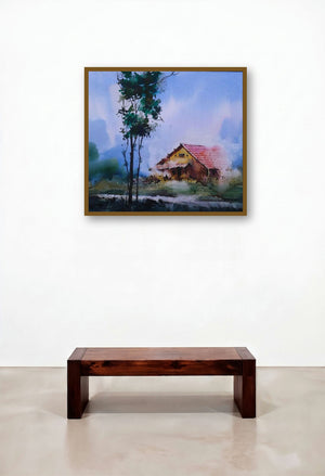 Cityscape Viii (Serene Abode: A House in Natures Embrace) by artist Narayan Shelke displayed in a Coastal Hallway