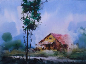 Cityscape Viii (Serene Abode: A House in Natures Embrace) by Narayan Shelke, Original Watercolor Cityscape Painting on Paper, Small Horizontal Wall Art