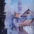Cityscape watercolor painting titled 'Cityscape X', 14x20 inches, by artist Narayan Shelke on Paper