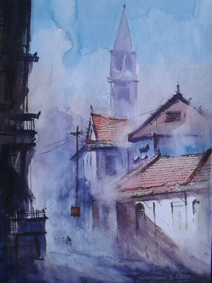 Cityscape X (Urban Veil: A City in Soft Focus) by Narayan Shelke, Original Watercolor Cityscape Painting on Paper, Small Vertical Wall Art