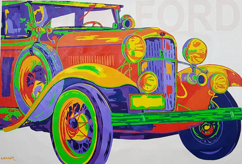 'Classic Cars Ford' transportation acrylic painting by artist Sonaly Gandhi, 35x50 inch, on canvas