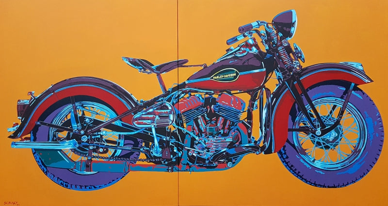 'Classic Motorcycle Harley Davidson D' transportation acrylic painting by artist Sonaly Gandhi, 36x66 inch, on canvas