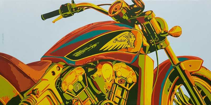 'Classic Motorcycle Indian' transportation acrylic painting by artist Sonaly Gandhi, 30x60 inch, on canvas