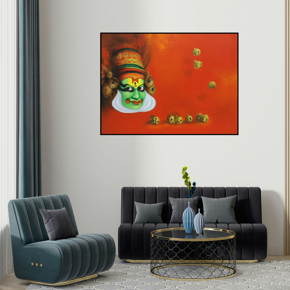 Swastik Jawalekar's 'Classical Dancer Kathakali (The Dance of Rhythm)' painting visualized above a sofa in a contemporary room.