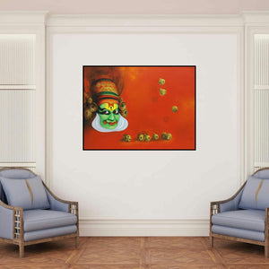 'Classical Dancer Kathakali (The Dance of Rhythm)' painting by Swastik Jawalekar shown on a wall in a furnished room.