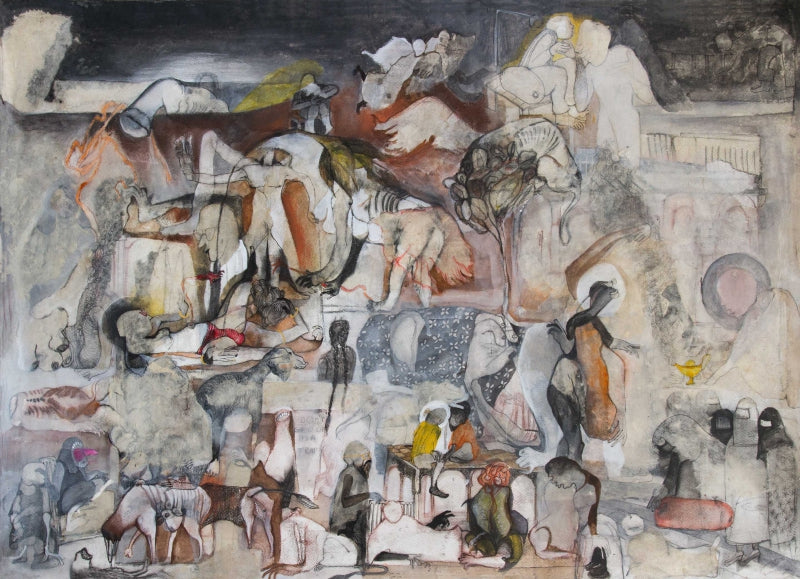 'Claustrophobic' contemporary mixed-media painting by artist Susmita Chowdhury, 30x41 inch, on treated paper