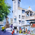 Cityscape watercolor painting titled 'Clock Tower', 15x11 inches, by artist Ramesh Jhawar on Paper