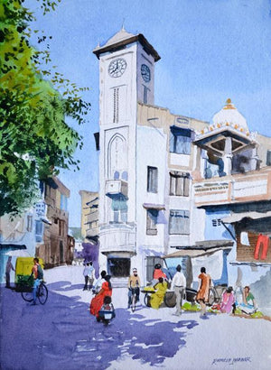 Clock Tower by Ramesh Jhawar, Original Watercolor Cityscape Painting on Paper, Small Vertical Wall Art
