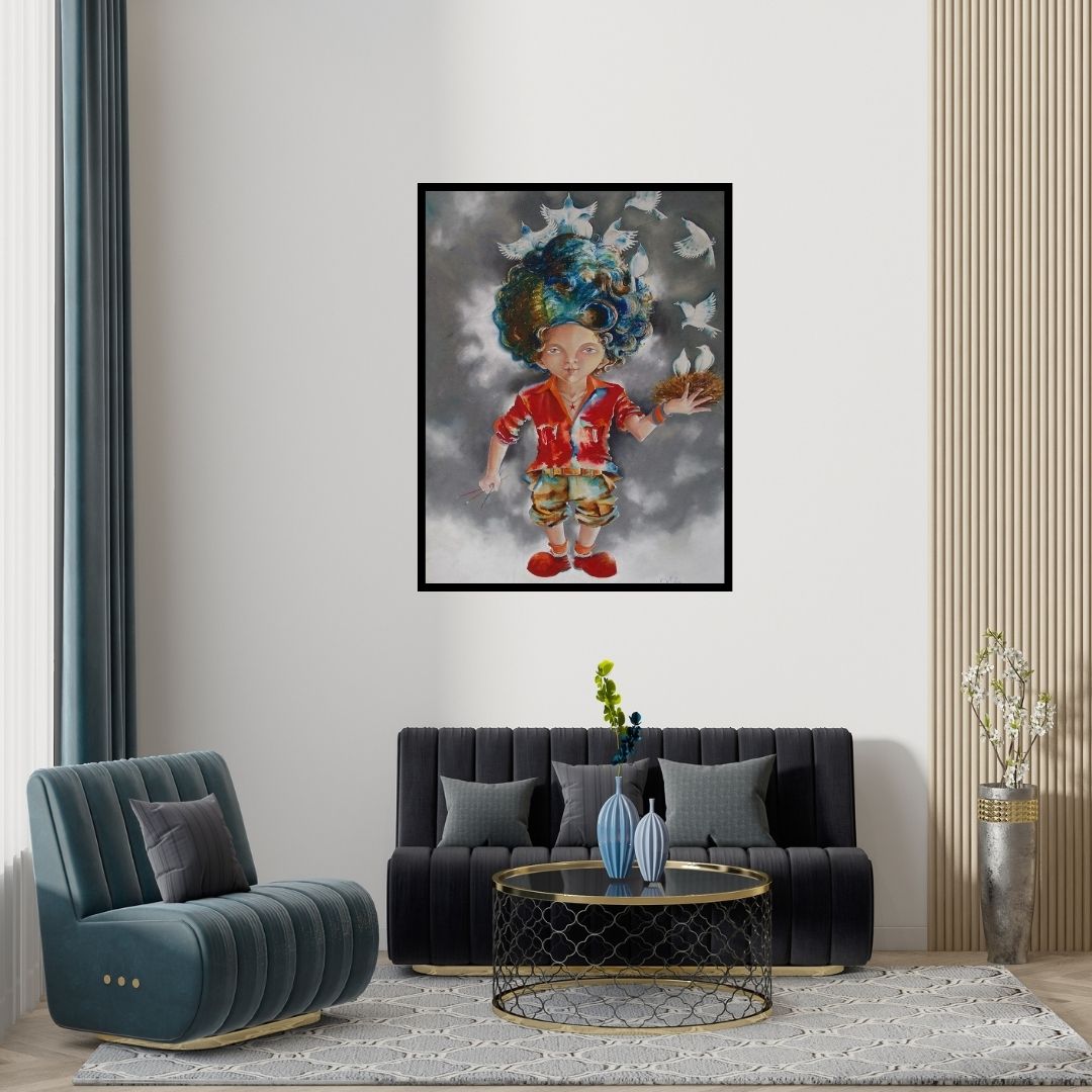 Preview of 'Close To My Heart' Painting by Shiv Kumar Soni shown on a wall in a furnished room.