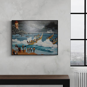 Preview of 'Cloudy Beach' Painting by Narayanankutty Kasthuril shown on a wall in a furnished room.