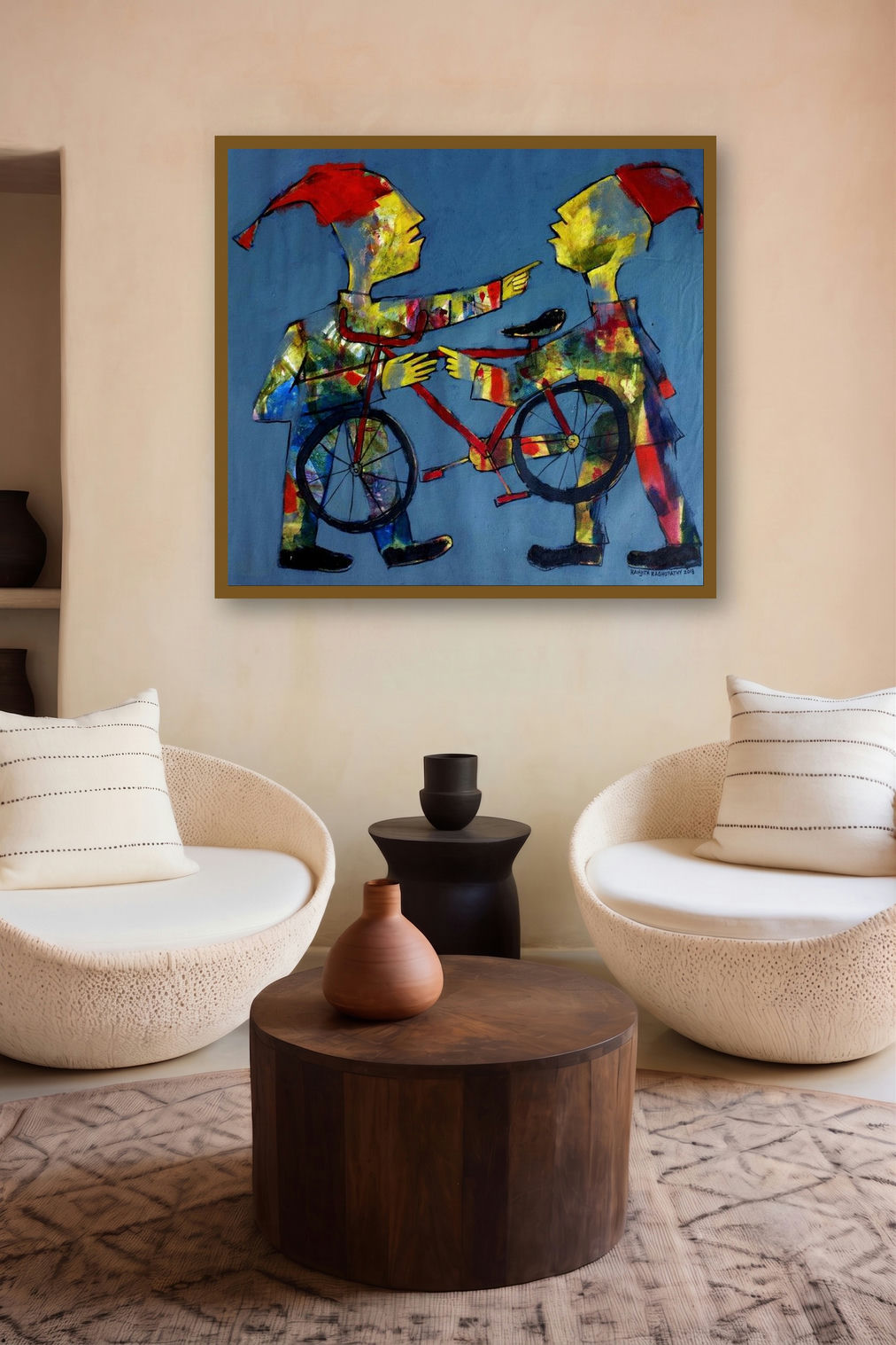 Clowns (A Bicycle Built for Two) by artist Ranjith Raghupathy displayed in a Indian Art gallery