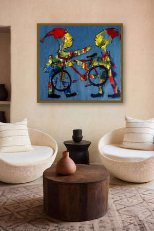 Clowns (A Bicycle Built for Two) by artist Ranjith Raghupathy displayed in a Indian Art gallery