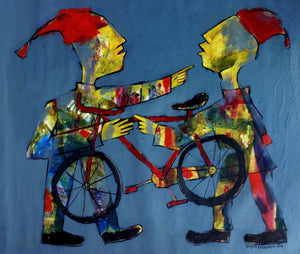 Clowns (A Bicycle Built for Two) by Ranjith Raghupathy, Original Acrylic Figurative Painting on Canvas, Medium Horizontal Wall Art
