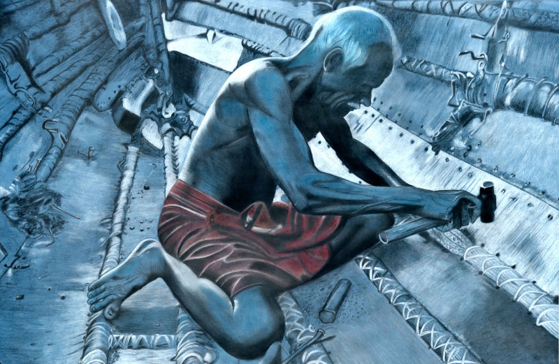 Coastal Life' figurative charcoal drawing by artist Preeti Ghule, 22x33 inch, on paper