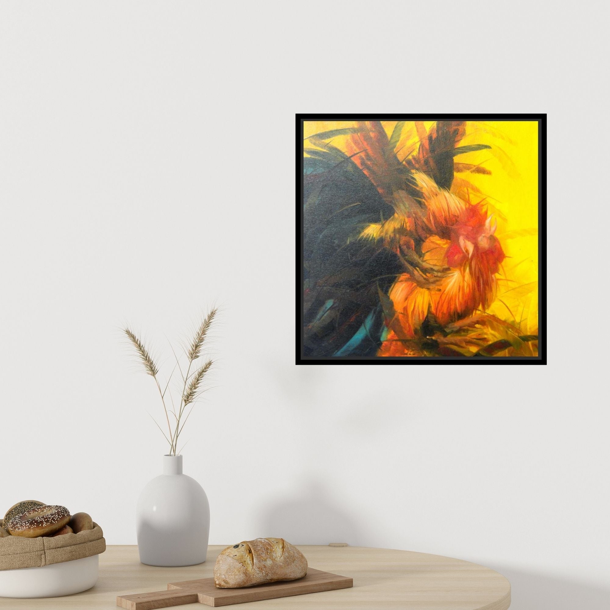 In-situ view of Nagendran Duraisami's 'Cock Fight' painting in a room