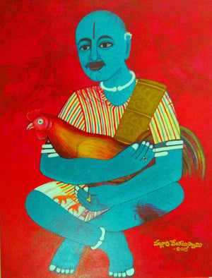 Cock Fighter (The Roosters Companion) by V V Swamy, Original Acrylic Figurative Painting on Canvas, Small Vertical Wall Art