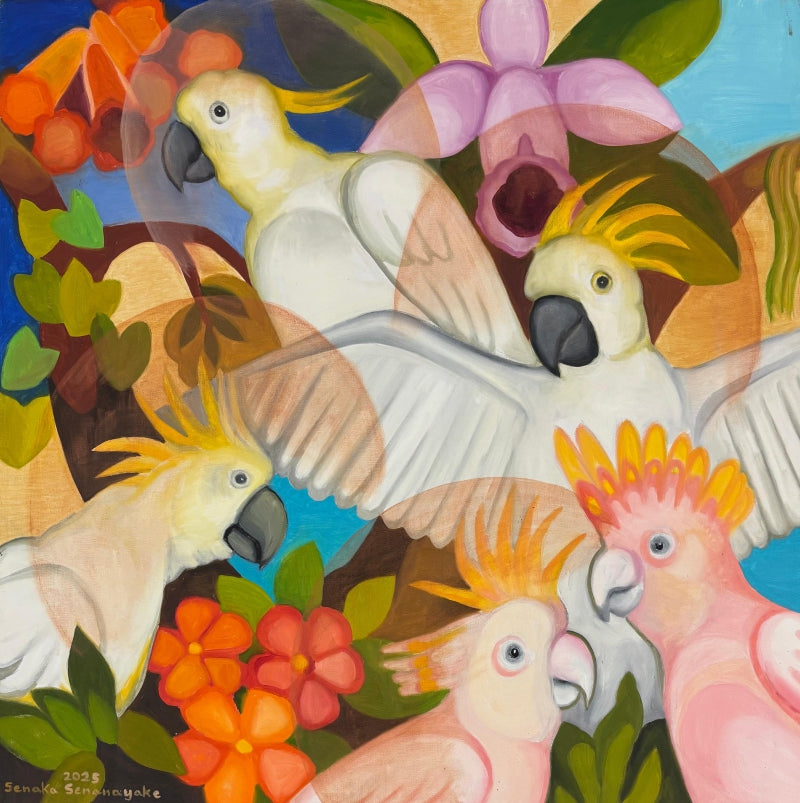 Cockatoos In Bloom' animals oil painting by artist Senaka Senanayke, 30x30 inch, on canvas