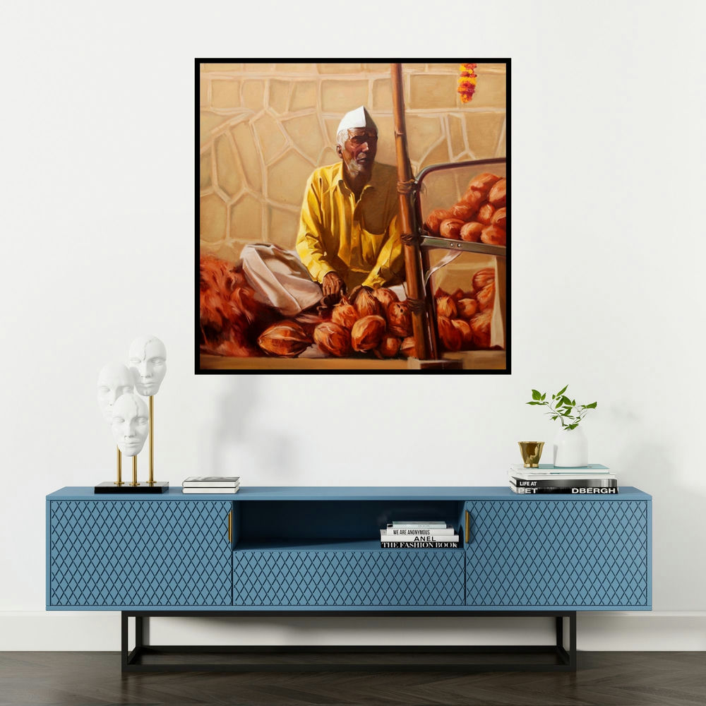 'Coconut Seller' painting by Vinayak Takalkar shown on a wall in a furnished room.