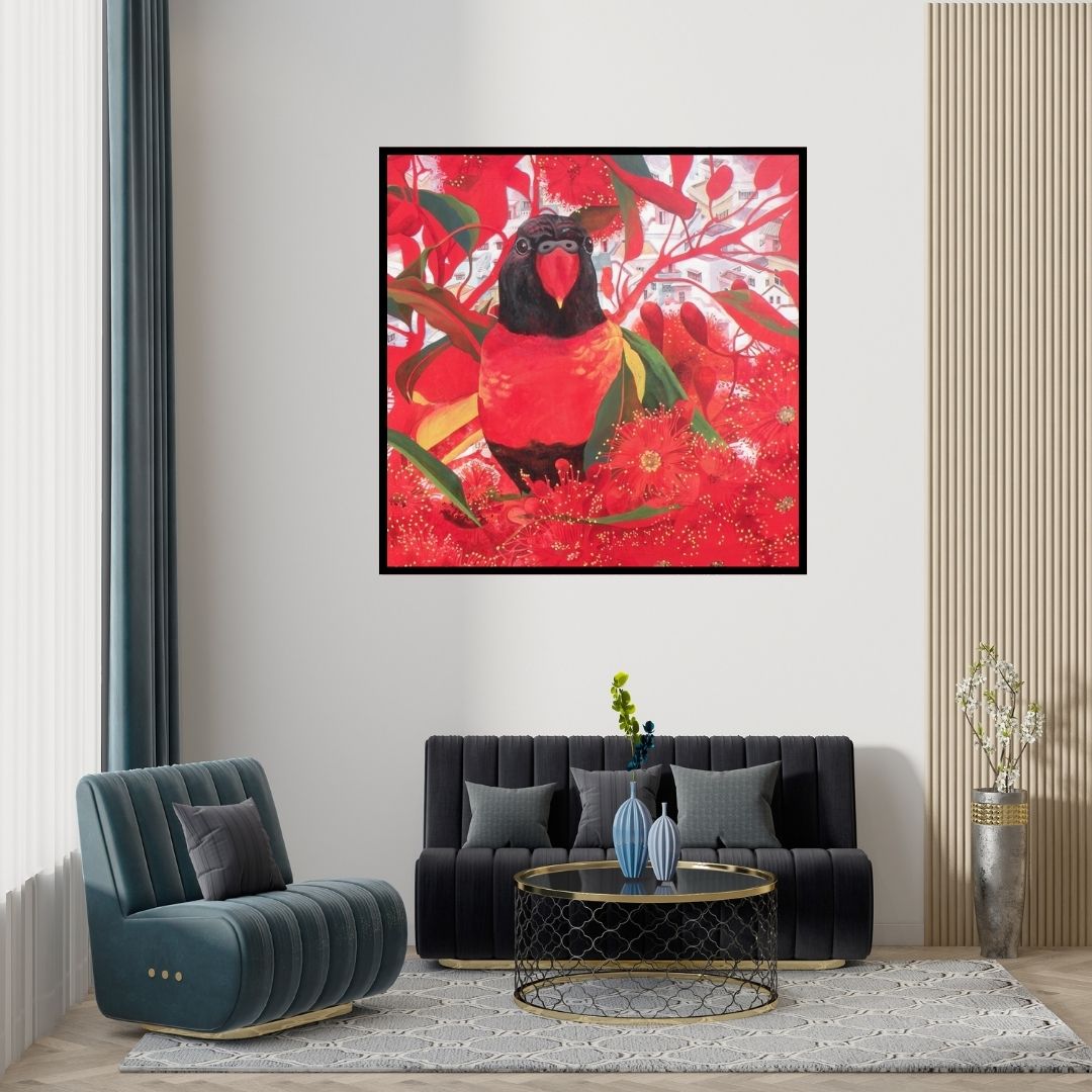 Preview of 'Coexistence 7 (Crimson Canopy)' Painting by Sweta Chandra shown on a wall in a furnished room.