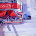 Cityscape watercolor painting titled 'Coffee Time', 11x15 inches, by artist Ravee Songirkar on Paper