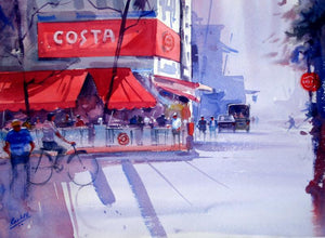 Coffee Time by Ravee Songirkar, Original Watercolor Cityscape Painting on Paper, Small Horizontal Wall Art