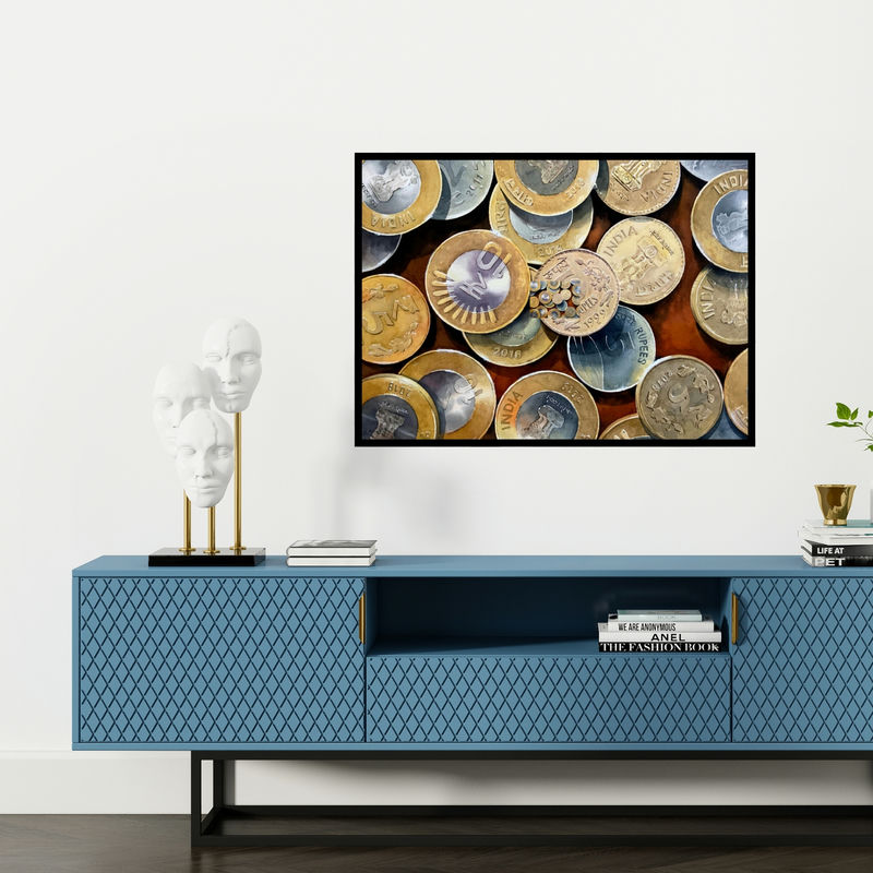 Preview of 'The Coins (The Currency of India)' Painting by Yojana Dehankar shown on a wall in a furnished room.