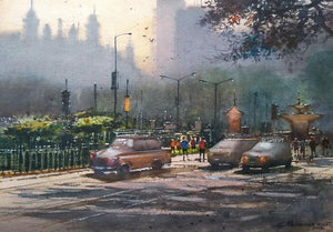 Colaba Mumbai (Morning Mist) by Nanasaheb Yeole, Original Watercolor Cityscape Painting on Paper, Small Horizontal Wall Art