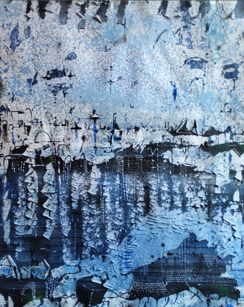 Collage Scape' abstract acrylic painting by artist Hemant Dhane, 31x21 inch, on paper