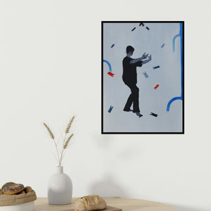 Manish Sutar's 'Collecting Dreams (Dream Weaver: A Figurative Composition)' painting visualized above a sofa in a contemporary room.