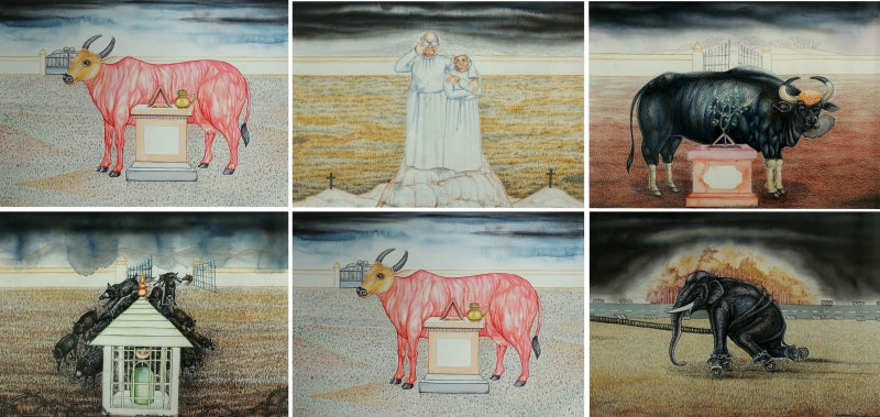 Collide' contemporary mixed-media painting by artist Sajith Puthukkalavattom, 12x17 inch, on paper