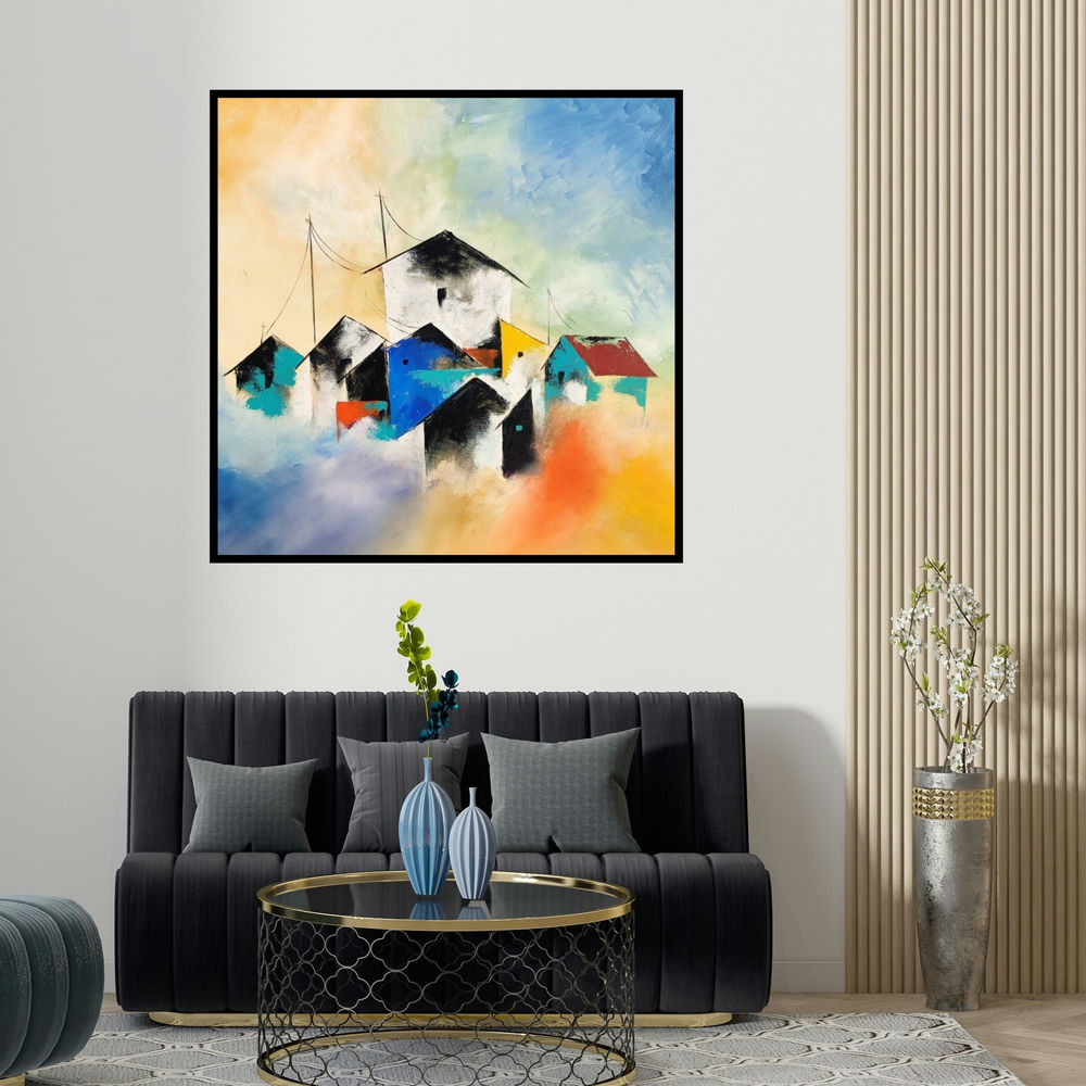 Sanjay Dhawale's 'Colony (Village Dreams)' painting visualized above a sofa in a contemporary room.