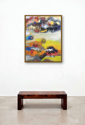 Colorful Abstract I (Painted Earth) by artist Deepak Guddadakeri displayed in a Boutique Hotel Style Reception Area