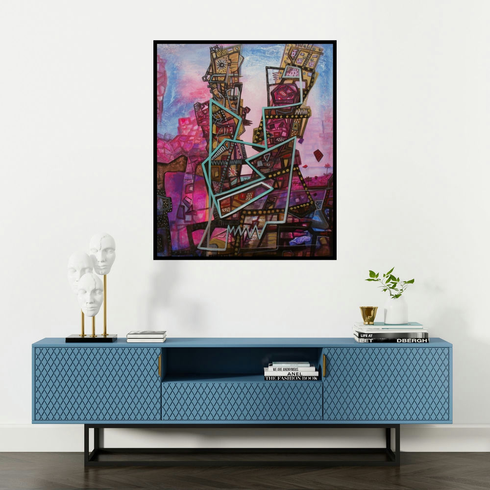 Chandra Bhushan Srivastava's 'Colorful Life' painting visualized above a sofa in a contemporary room.