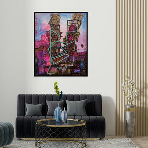 'Colorful Life' painting by Chandra Bhushan Srivastava shown on a wall in a furnished room.