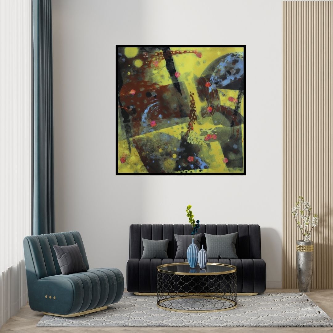 Preview of 'Colors Of Life 147 (Celestial Bloom)' Painting by Asif Sharief Shaikh shown on a wall in a furnished room.