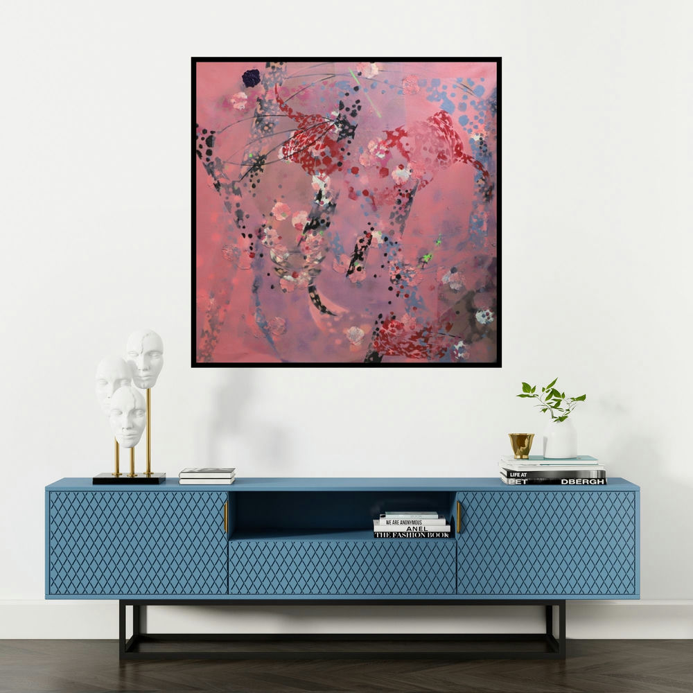 'Colors Of Life 205 (Celestial Ballet**)' painting by Asif Sharief Shaikh shown on a wall in a furnished room.