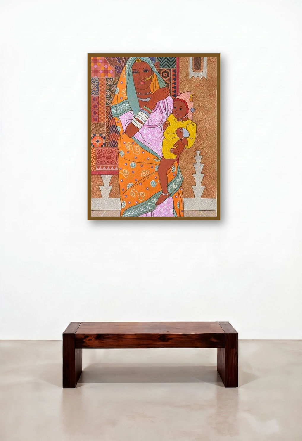 Colour Tapestry (Mother and Child) by artist Gopal Nandurkar displayed in a Scandinavian Hallway