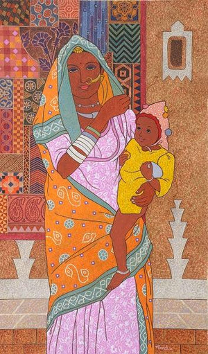Colour Tapestry (Mother and Child) by Gopal Nandurkar, Original Acrylic Figurative Painting on Archival Paper, Small Vertical Wall Art