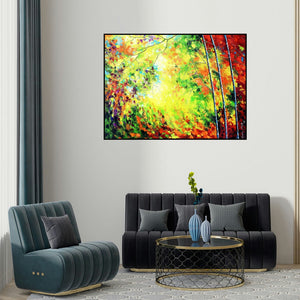 Bahadur Singh's 'Colours Of Autumn Replica' painting visualized above a sofa in a contemporary room.